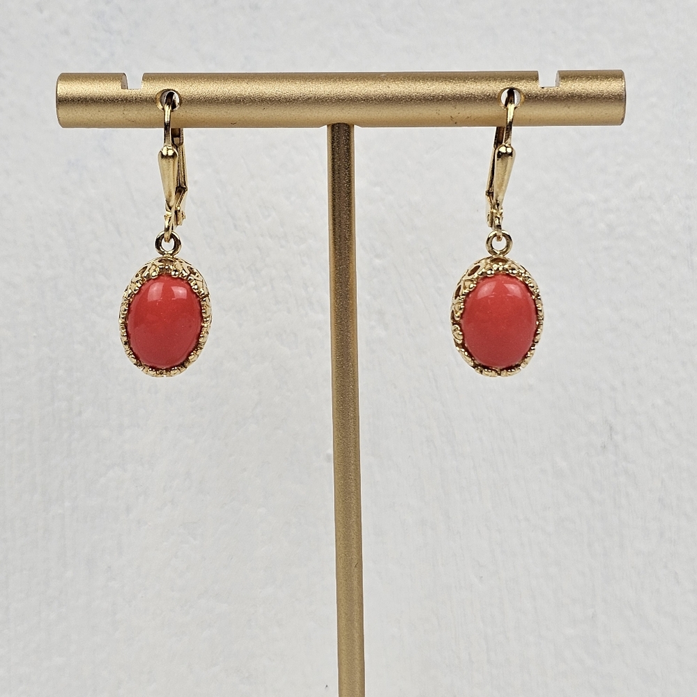 Seta Gold Plated Oval Simulated Orange Coral Lever Back Drop Earrings
